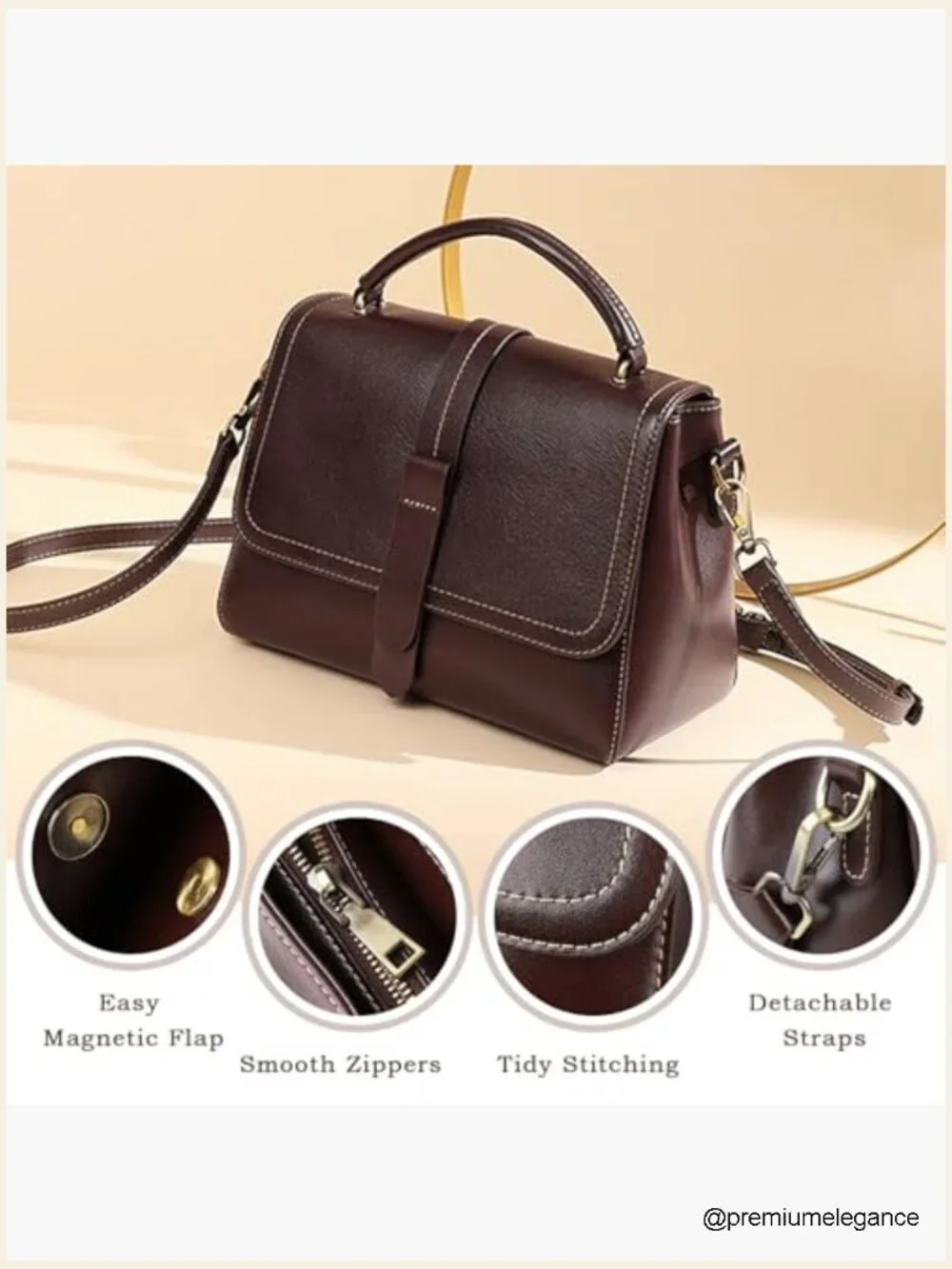 Genuine Leather Satchel Crossbody Bag with 2 Straps & 6 Pockets